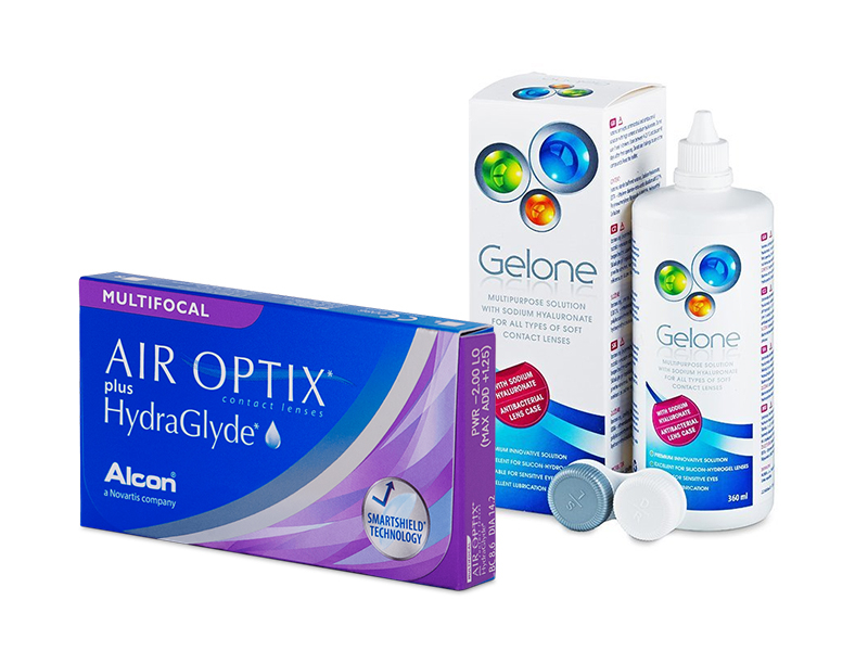 Air Optix plus HydraGlyde Multifocal (3 lęšiai) + valomasis tirpalas Gelone 360 ml